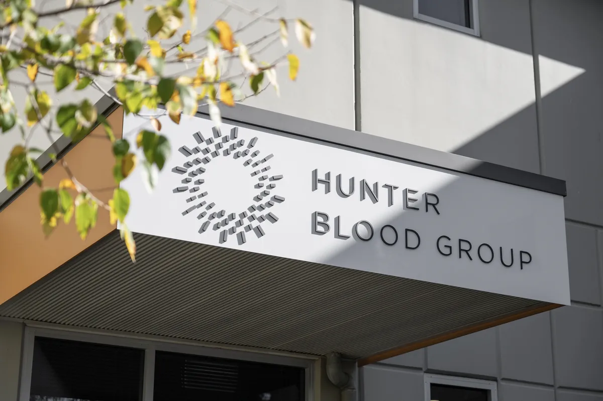 Hunter Blood Group entrance signage at 710 Hunter Street, Newcastle West